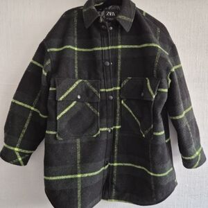 ZARA Black Plaid Pea Coat with Lime Green Windowpane